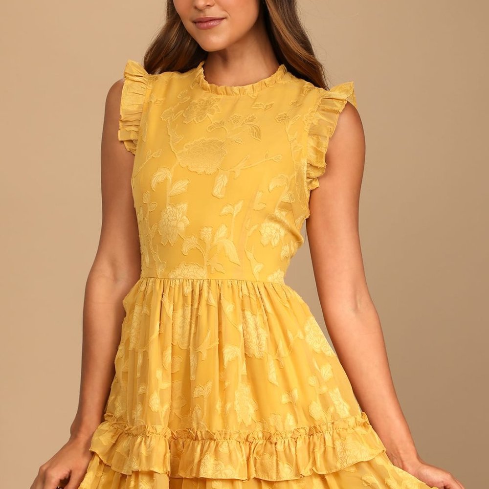 Lulus Ruffle Yellow Jacquard Dress - Picture 2 of 10